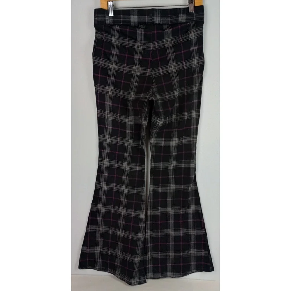 Torrid Women 1 Black Gray Purple Plaid Stretch Flared Bell Bottom Pull On Slacks
